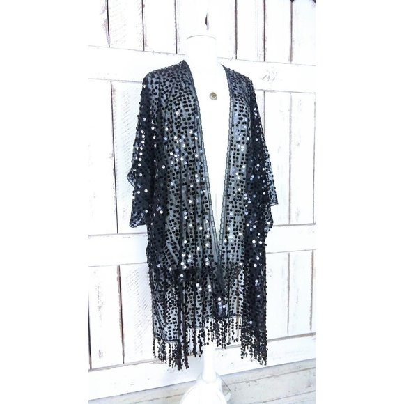 Sheer black net round black sequin fringe tassel kimono cardigan cover up - Picture 2 of 4
